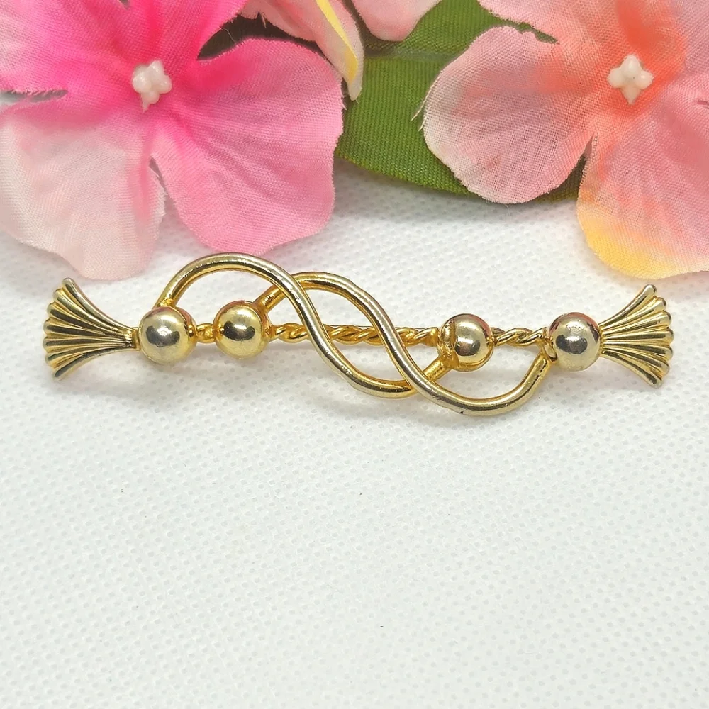 Vintage Gold Tone Swirl & Ball Bar Designer Brooch or Pin